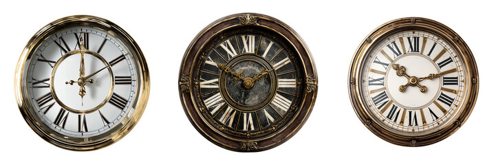 Set of Close-up of a retro mechanical table clock with brass gears and antique finish on transparent png background. Ai generated