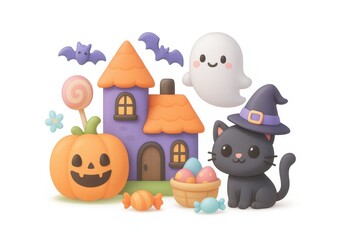 Fototapeta premium Halloween themed cute decorations featuring pumpkin cat ghost and haunted house in a festive setting
