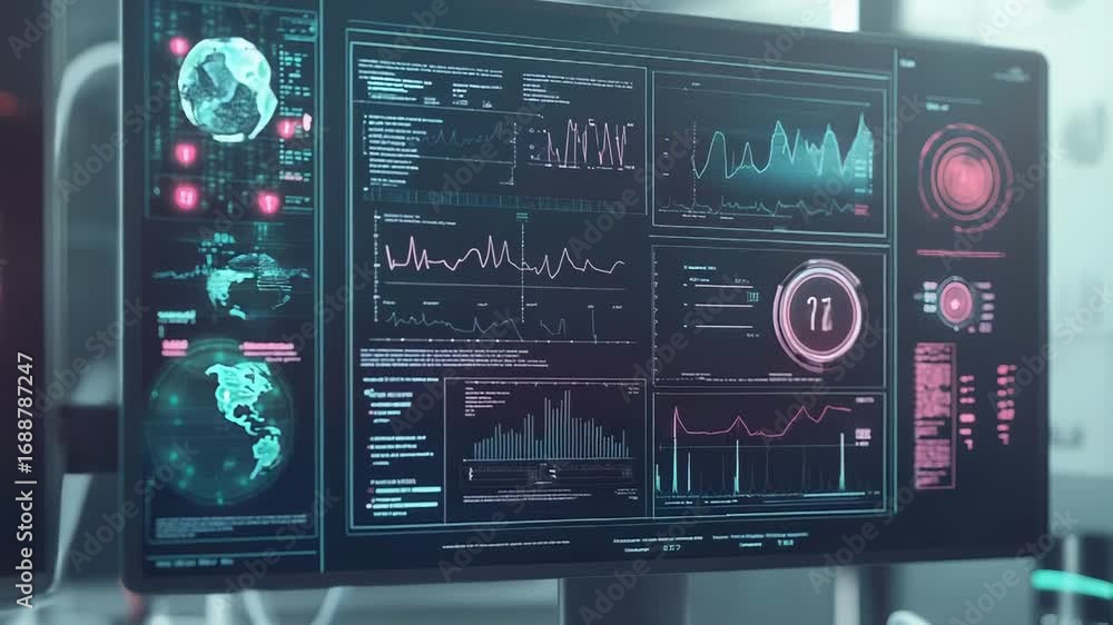 Aufkleber computer monitors showing global business and financial analysis data visualizations