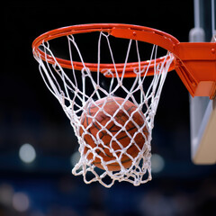 Basketball is passing through hoop, creating perfect net effect, showcasing excitement of game