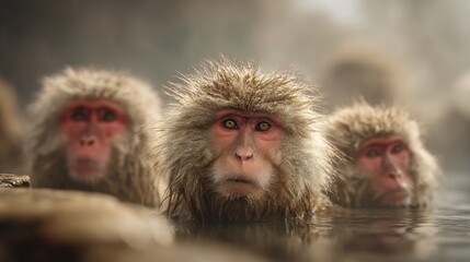Naklejka premium Snow monkeys relaxing in hot spring japan wildlife photography animal behavior macaque primates nature travel