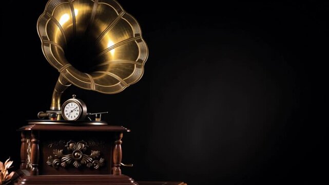 Vintage gramophone with brass horn antique music player concept, classic phonograph on wooden base with clock detail, nostalgic sound recording history, retro audio equipment elegance, old fashioned t