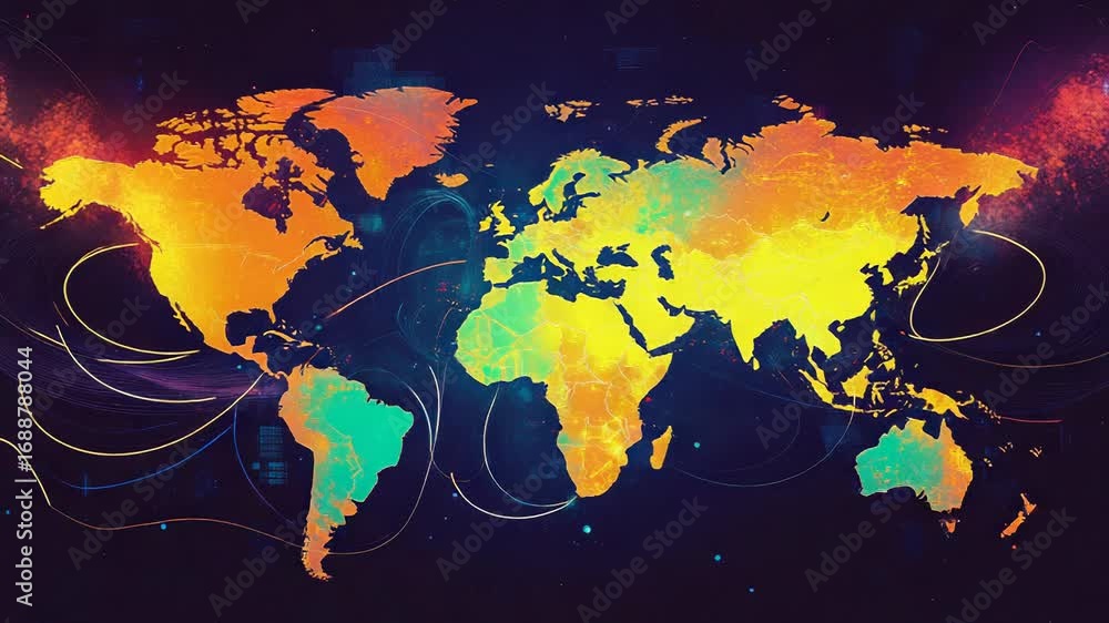 Aufkleber world map showing global connections and data flowing