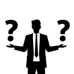 Businessman in a suit with a question mark over his head, symbolizing confusion and a search for a solution