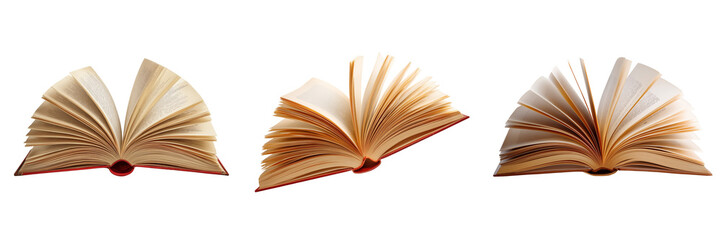 Set of A stack of educational textbooks with one book open on top on transparent png background. Ai generated