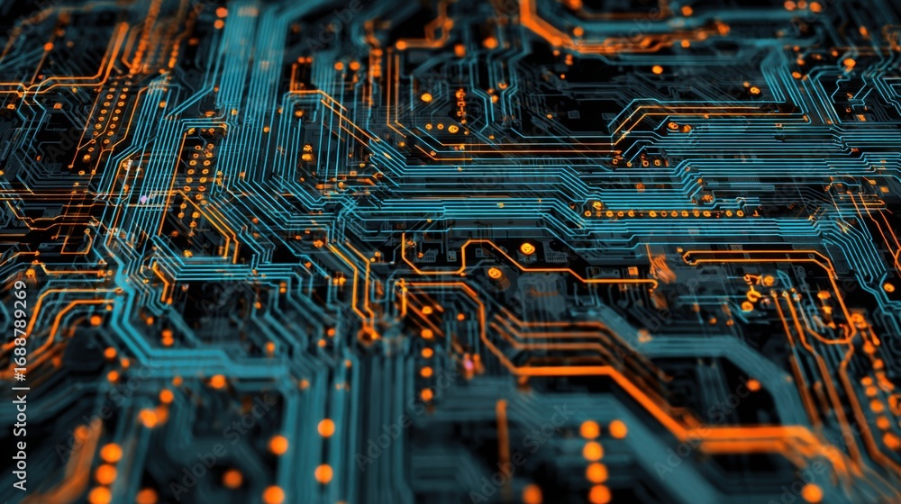 Poster intricate circuit board displays a network of blue and orange lines, showcasing the pathways connect
