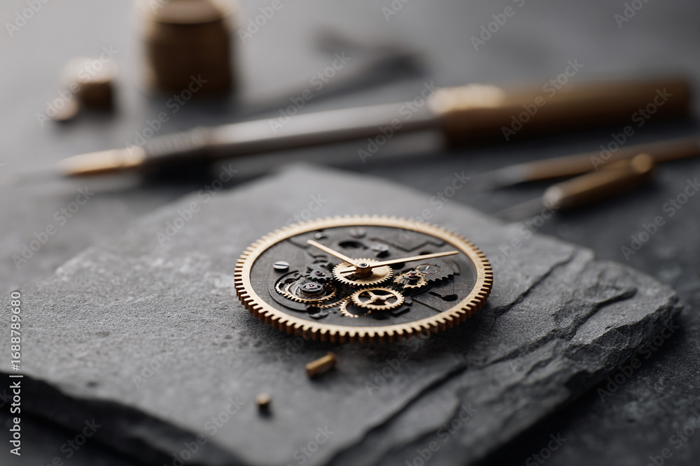 Poster macro shot of intricate watch mechanism on slate. emphasizes precision, detail, and craftsmanship. p