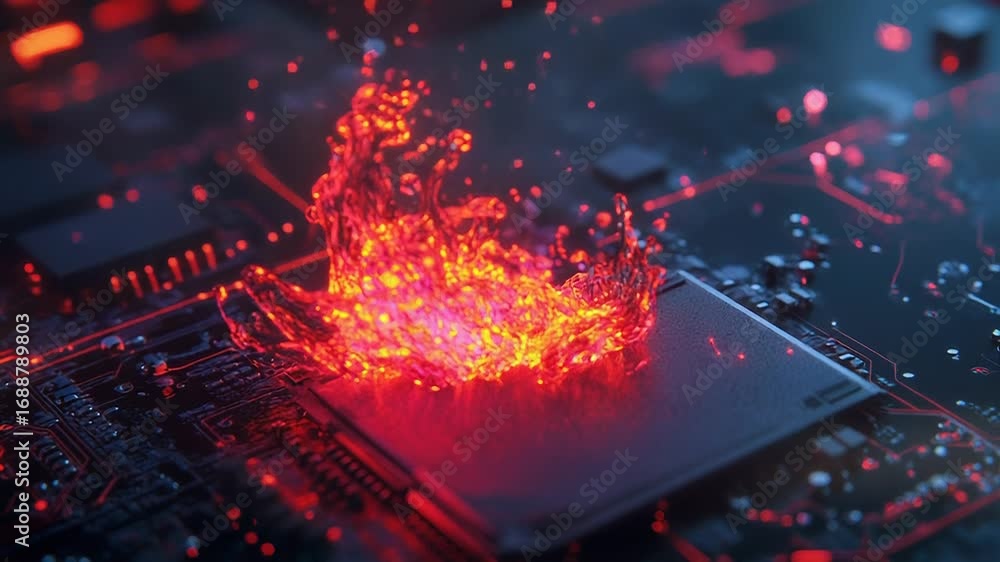 Aufkleber burning liquid splashing on computer processor, artificial intelligence concept