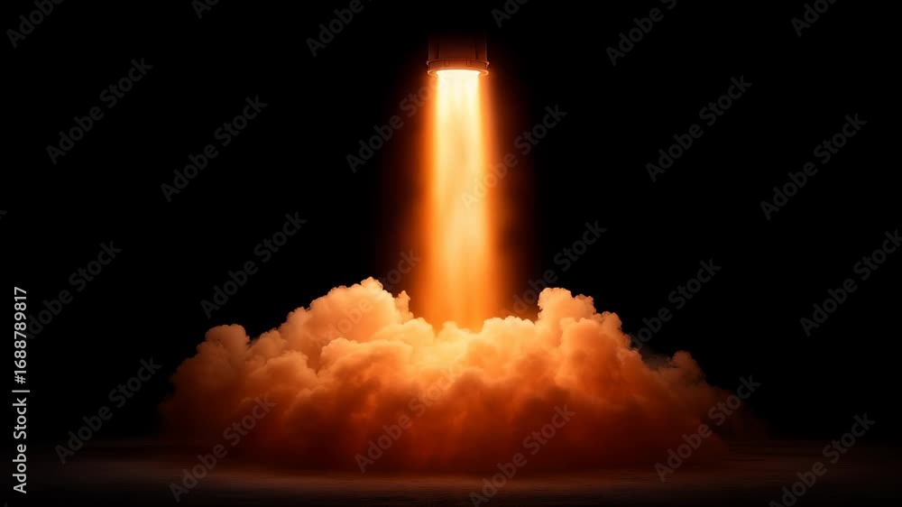 Poster powerful vertical propulsion system erupting through dense atmospheric layers, creating dramatic lum
