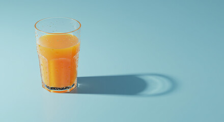 A glass of orange juice stands on a light blue surface, casting a shadow to the right.