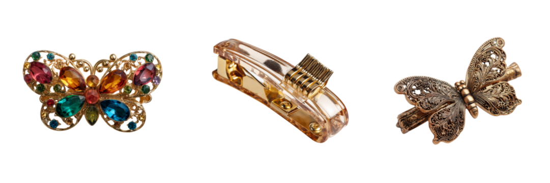 Set of Close-up of long, straight, thick hair tied with a decorative golden hair accessory on transparent png background. Ai generated