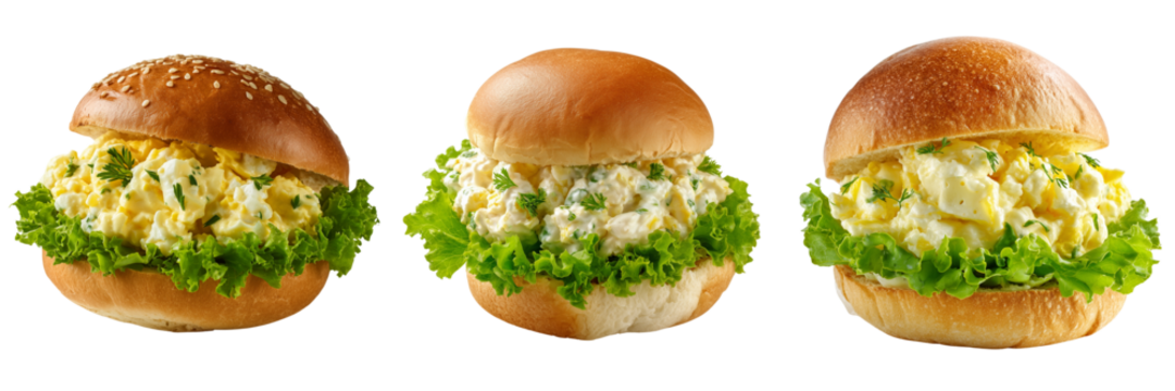 Set of Homemade egg salad sandwich with fresh lettuce leaves on transparent png background. Ai generated - Powered by Adobe
