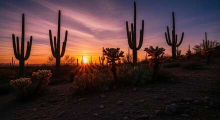 Desert landscape featuring saguaro cacti silhouettes against a vibrant sunset sky in arizona scene