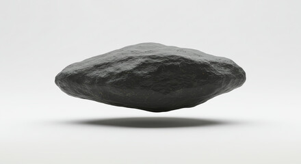 A dark gray, smooth, levitating rock against a plain white background.