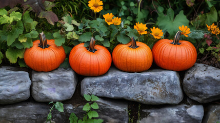 Vibrant Orange Pumpkins Arranged on Gray Stone Wall in Rustic Garden with Greenery