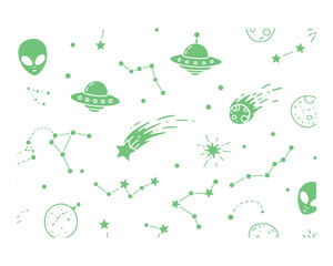 Whimsical green alien and ufo pattern with constellations and comets on white background