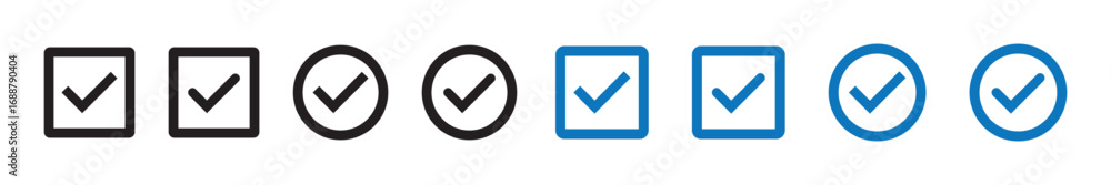Aufkleber check mark icon button set. check box icon with right or correct buttons and yes checkmark tick box 