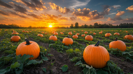 Vibrant Pumpkin Patch at Sunset Golden Hour with Orange Pumpkins and Cloudy Sky