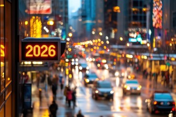 Vibrant cityscape at night with 2026 countdown and colorful neon lights