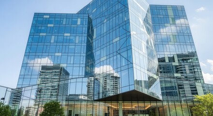 View of a modern glass building reflecting the sky and other buildings in the windows on a sunny day