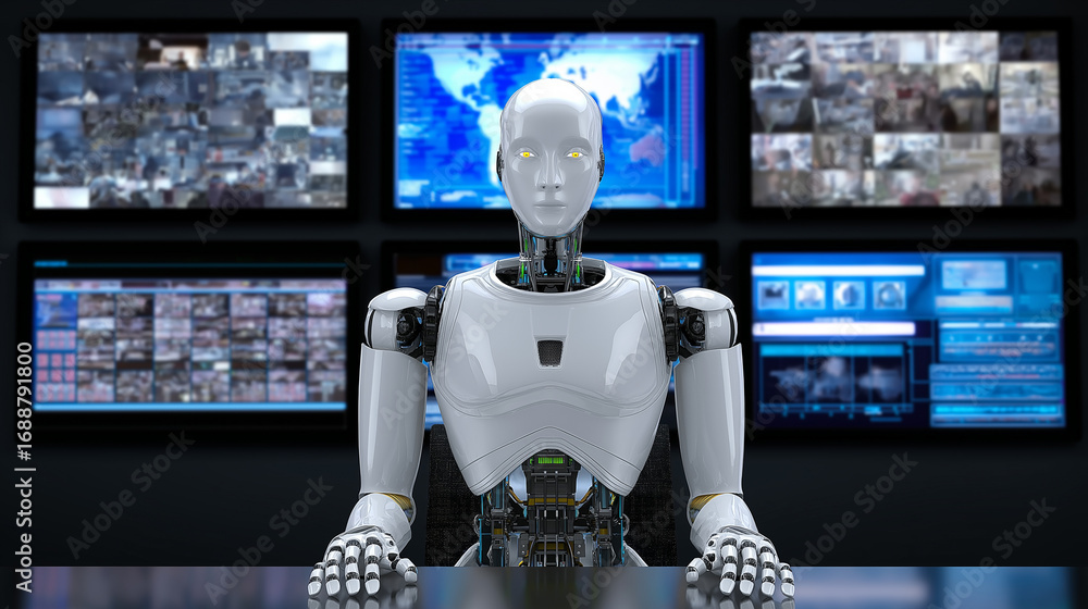 Poster front-facing humanoid robot in a security control room with multiple surveillance screens.
