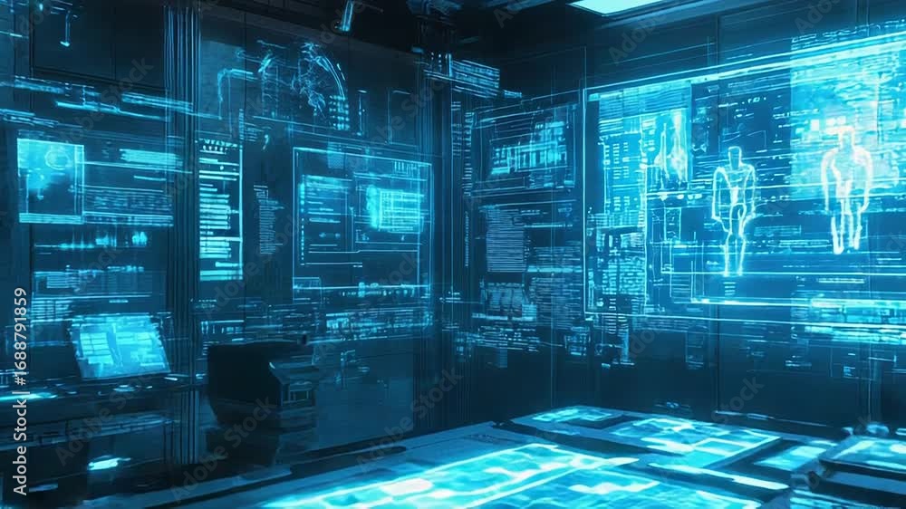 Poster futuristic command center showing holographic data and information