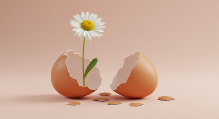 A delicate daisy sprouts from a cracked eggshell, symbolizing new life and growth emerging from fragility.