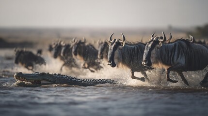 Wildebeest migration crossing river mara in africa with crocodile predator wildlife nature animals