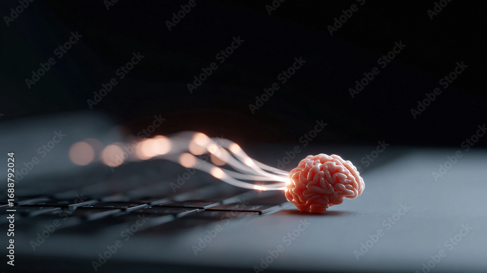 Poster brain connected to glowing data streams on a keyboard. illustrates ai, machine learning, tech innova