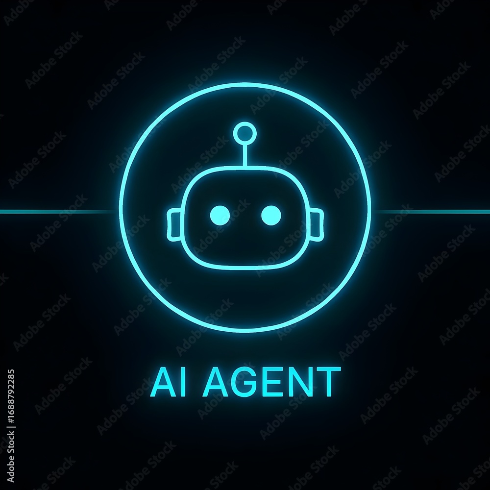 Poster a glowing neon robot icon against a dark background, representing an ai agent with a minimalist desi