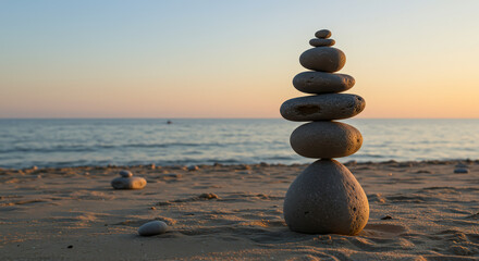 A carefully balanced stack of smooth stones stands on a sandy beach, with the ocean and sunset in the background.