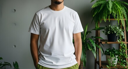 Man in white t shirt and green pants with plants
