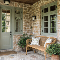 Rustic stone entry porch with greenery and bench seating