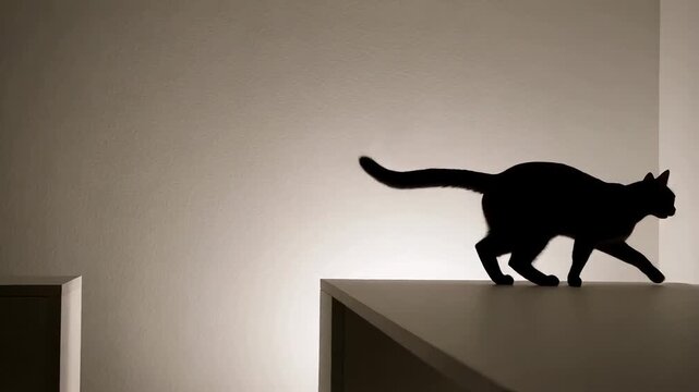 Sleek black cat silhouette prowling across a modern shelf in dim light.