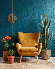 Cozy Retro Corner with Mustard Chair and Cactus Plants