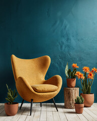 Cozy Retro Corner with Mustard Chair and Cactus Plants