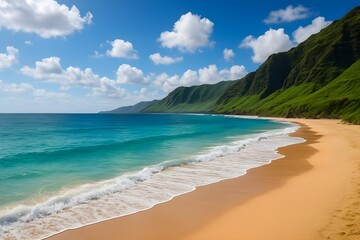 Obraz premium A beautiful, secluded tropical beach with a long stretch of golden sand, turquoise water, and lush green mountains under a bright blue sky with scattered clouds.