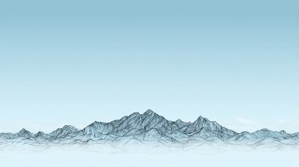 Fototapeta premium Majestic mountains rise in the distance, their rugged peaks outlined against a clear blue sky. Soft clouds drift gently, creating a serene atmosphere during early morning.