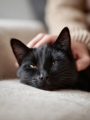 Closeup of a sleek black cat being gently petted on a neutral couch. Symbolizes comfort, companionship, and the bond between humans and pets. Perfect for lifestyle content.
