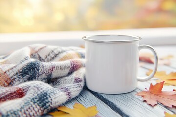 Cozy autumn scene with blank coffee mug and colorful leaves on wooden table