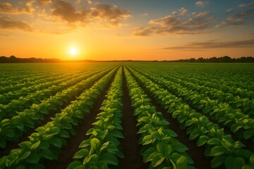 A beautiful, wide-angle view of a vast green crop field with long, symmetrical rows, stretching toward a picturesque sunset on the horizon.