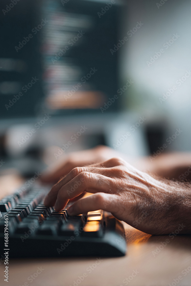 Poster closeup shot of hands typing on a keyboard, with blurred screen in background. represents coding, wr