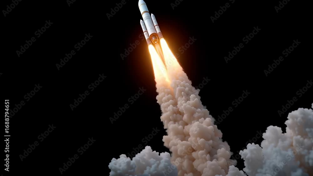 Poster powerful multi-stage rocket blasting through atmospheric layers with intense bright propulsion, crea