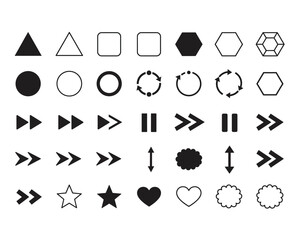 Collection of hand drawn geometric shapes and icons including arrows hearts stars and play buttons