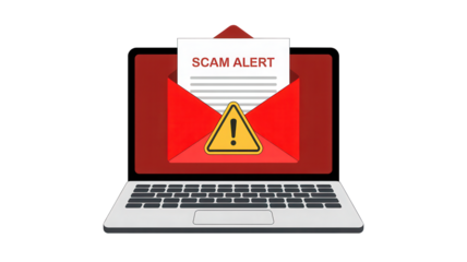 Urgent scam alert notification displays on a laptop screen with a warning symbol, highlighting digital threat awareness and online security concerns for businesses and individuals seeking protection.