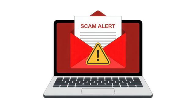 Urgent scam alert notification displays on a laptop screen with a warning symbol, highlighting digital threat awareness and online security concerns for businesses and individuals seeking protection.