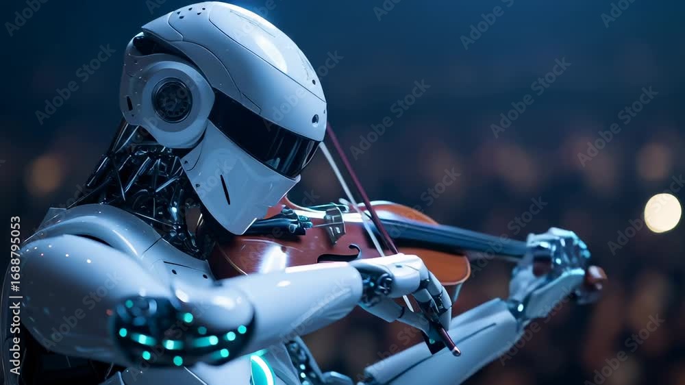 Poster sleek humanoid robot elegantly performing violin in dimly illuminated concert space, showcasing adva