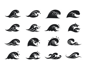 Collection of stylized black and white hand drawn wave illustrations in a grid layout