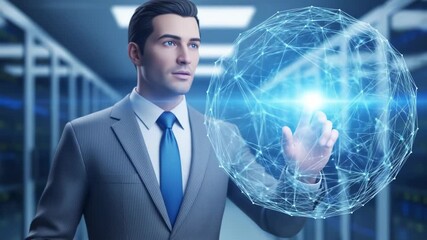 A businessman in a suit interacts with a digital sphere network graphic in a server room - Powered by Adobe