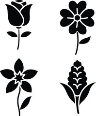 Black Flower Silhouette Icons – Rose, Daisy, Orchid, and Nature Symbol Designs..eps